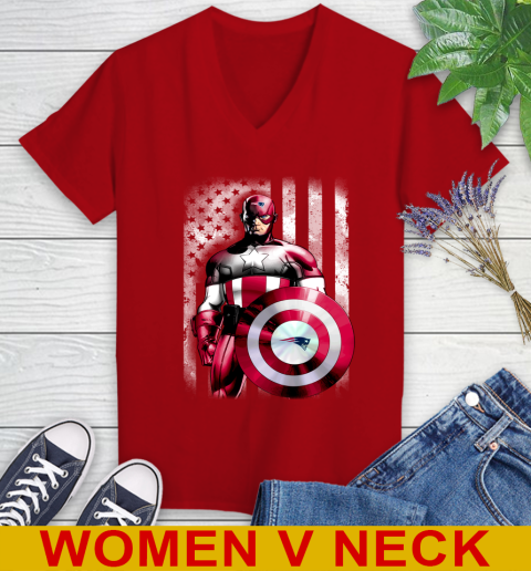 New England Patriots NFL Football Captain America Marvel Avengers American Flag Shirt Women's V-Neck T-Shirt 10