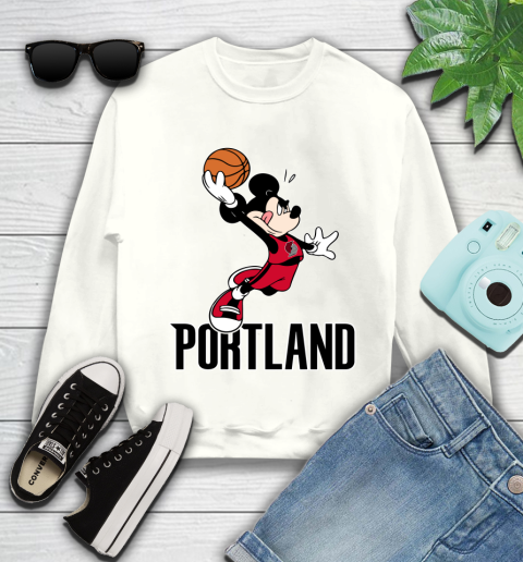 NBA Basketball Portland Trail Blazers Cheerful Mickey Mouse Shirt Youth Sweatshirt 2