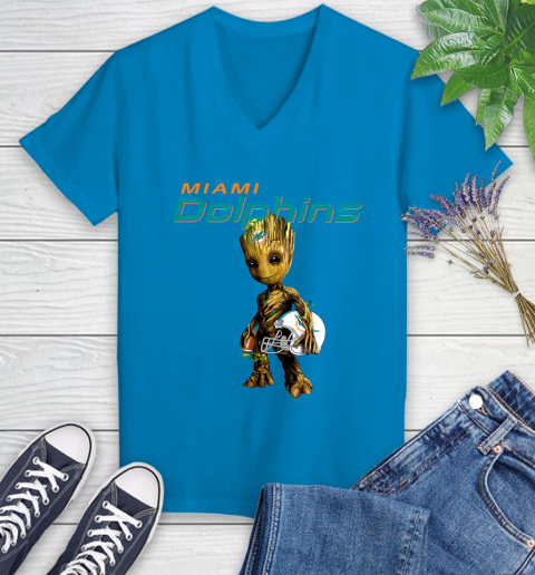 Miami Dolphins NFL Football Groot Marvel Guardians Of The Galaxy Women's V-Neck T-Shirt 7