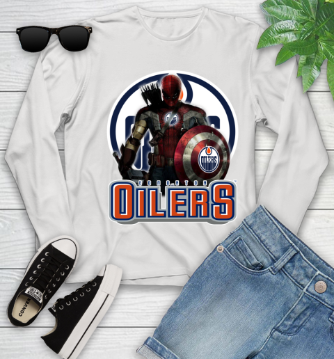 NHL Captain America Thor Spider Man Hawkeye Avengers Endgame Hockey Edmonton Oilers Youth Long Sleeve