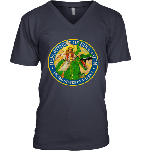 qgjn department of education badass jesus riding a dinosaur shirts v neck unisex 8 front navy