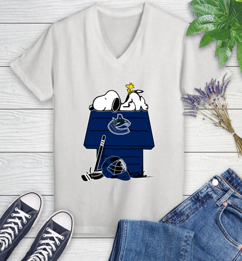 Vancouver Canucks NHL Hockey Snoopy Woodstock The Peanuts Movie Women's V-Neck T-Shirt
