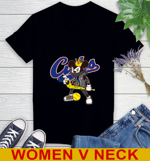 Chicago Cubs MLB Baseball Mickey Peace Sign Sports Women's V-Neck T-Shirt 2