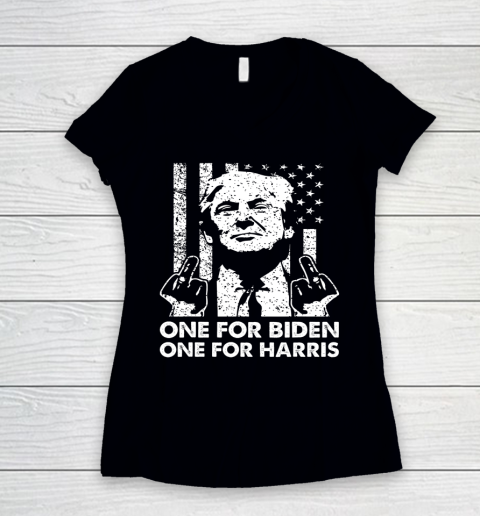 Trump Middle Finger One For Biden One For Harris Women's V-Neck T-Shirt
