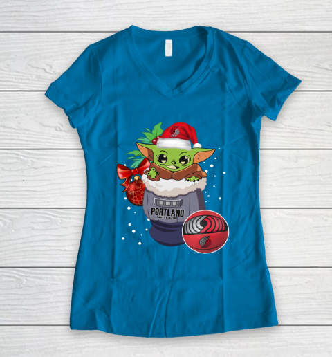 Portland Trail Blazers Christmas Baby Yoda Star Wars Funny Happy NBA Women's V-Neck T-Shirt 7