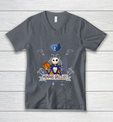 NBA Memphis Grizzlies Basketball Jack Skellington Halloween V-Neck T-Shirt 4