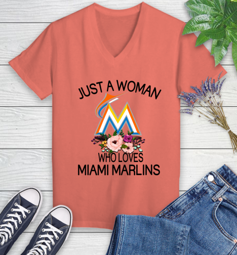 MLB Just A Woman Who Loves Miami Marlins Baseball Sports Women's V-Neck T-Shirt 3
