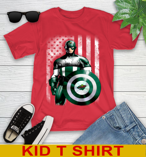 Minnesota Wild NHL Hockey Captain America Marvel Avengers American Flag Shirt Youth T-Shirt - Image 12