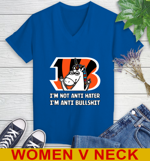 Cincinnati Bengals NFL Football Unicorn I'm Not Anti Hater I'm Anti Bullshit Women's V-Neck T-Shirt 11