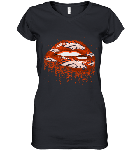 Biting Glossy Lips Sexy Denver Broncos NFL Football Women's V-Neck T-Shirt