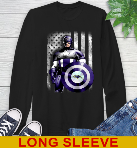 Baltimore Ravens NFL Football Captain America Marvel Avengers American Flag Shirt Long Sleeve T-Shirt