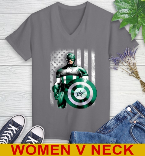 Dallas Stars NHL Hockey Captain America Marvel Avengers American Flag Shirt Women's V-Neck T-Shirt 11
