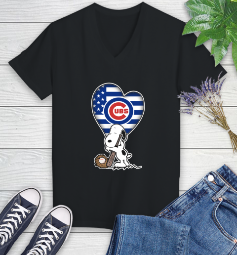 Chicago Cubs MLB Baseball The Peanuts Movie Adorable Snoopy Women's V-Neck T-Shirt 2