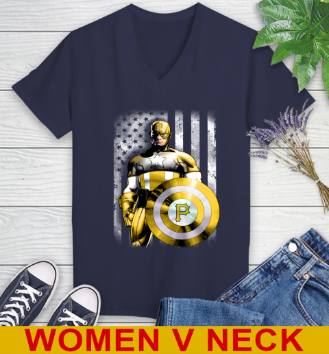Pittsburgh Pirates MLB Baseball Captain America Marvel Avengers American Flag Shirt Women's V-Neck T-Shirt 12