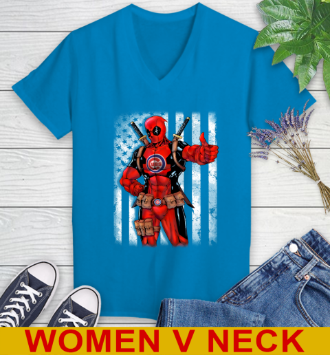 MLB Baseball Chicago Cubs Deadpool American Flag Shirt Women's V-Neck T-Shirt - Image 8