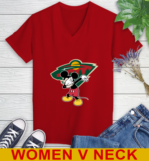 Minnesota Wild NHL Hockey Dabbing Mickey Disney Sports Women's V-Neck T-Shirt 12