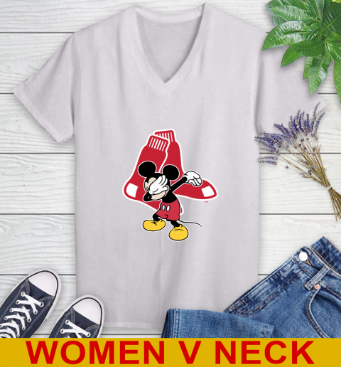 Boston Red Sox MLB Baseball Dabbing Mickey Disney Sports Women's V-Neck T-Shirt