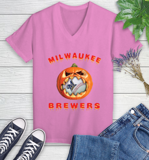 MLB Milwaukee Brewers Halloween Pumpkin Baseball Sports Women's V-Neck T-Shirt 14
