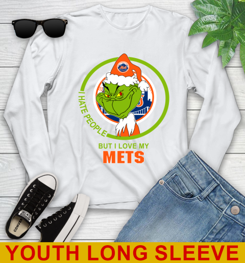 New York Mets MLB Christmas Grinch I Hate People But I Love My Favorite Baseball Team Youth Long Sleeve