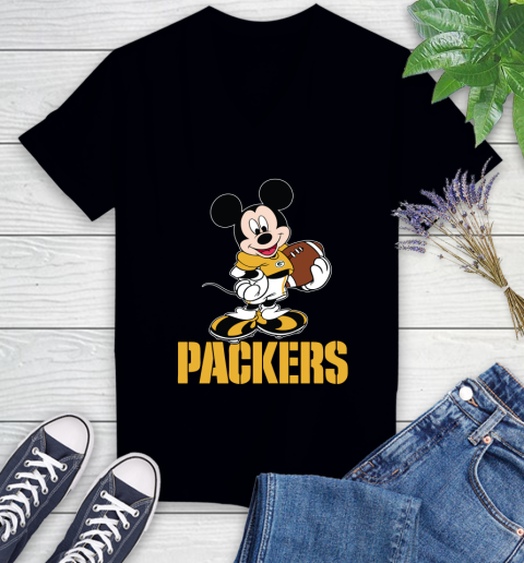 NFL Football Green Bay Packers Cheerful Mickey Mouse Shirt Women's V-Neck T-Shirt