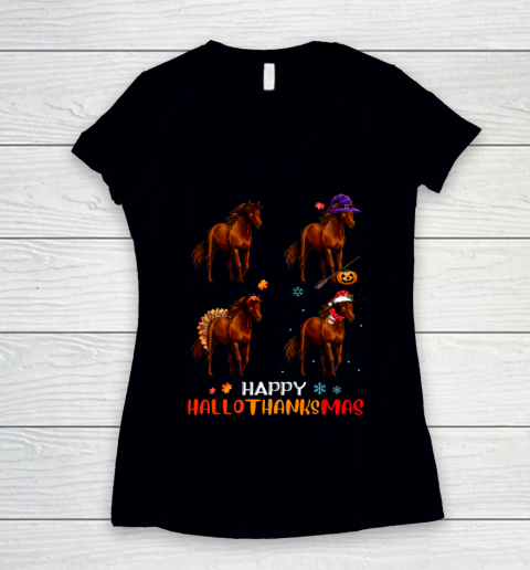 Horse Halloween Thanksgiving Christmas Happy Hallothanksmas Women's V-Neck T-Shirt