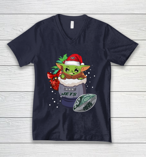 New York Jets Christmas Baby Yoda Star Wars Funny Happy NFL V-Neck T-Shirt 3