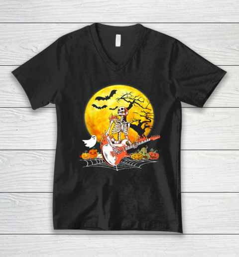 Funny Halloween Funny Skeleton Playing Guitar Pumpkin Vibes V-Neck T-Shirt