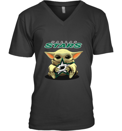 Baby Yoda Hugs The Dallas Stars Ice Hockey V-Neck T-Shirt