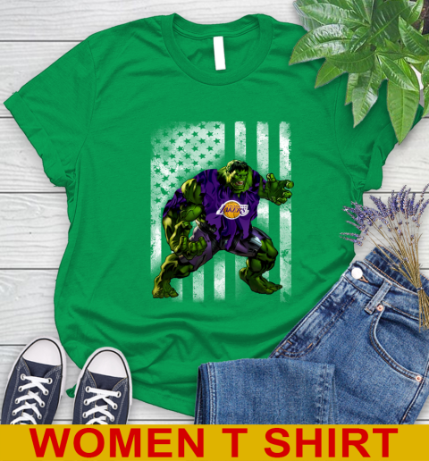 Los Angeles Lakers Hulk Marvel Avengers NBA Basketball American Flag Women's T-Shirt 7