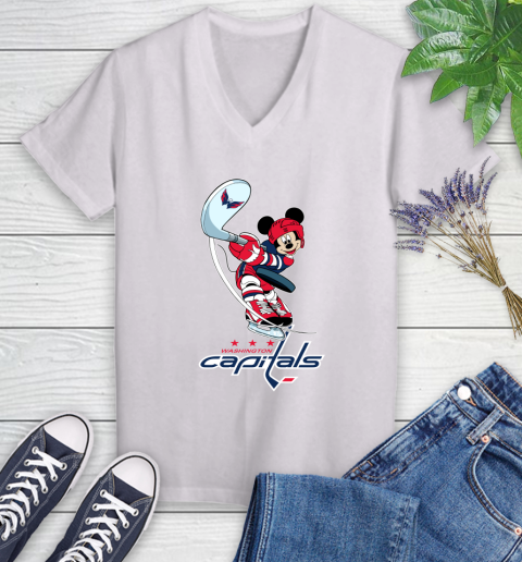 NHL Hockey Washington Capitals Cheerful Mickey Mouse Shirt Women's V-Neck T-Shirt 2