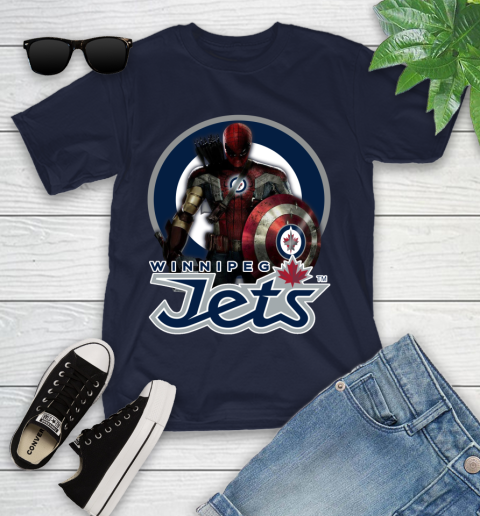 NHL Captain America Thor Spider Man Hawkeye Avengers Endgame Hockey Winnipeg Jets Youth T-Shirt 3