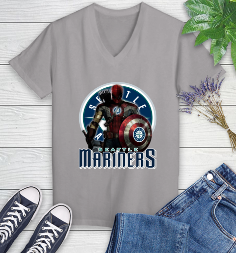 MLB Captain America Thor Spider Man Hawkeye Avengers Endgame Baseball Seattle Mariners Women's V-Neck T-Shirt 4