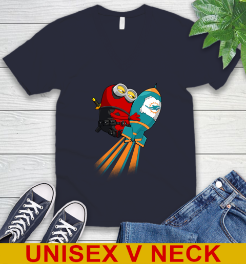 NFL Football Miami Dolphins Deadpool Minion Marvel Shirt V-Neck T-Shirt 2