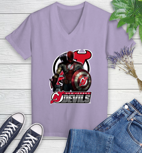NHL Captain America Thor Spider Man Hawkeye Avengers Endgame Hockey New Jersey Devils Women's V-Neck T-Shirt 14