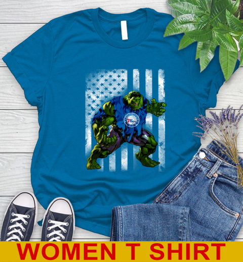 Philadelphia 76ers Hulk Marvel Avengers NBA Basketball American Flag Women's T-Shirt 8
