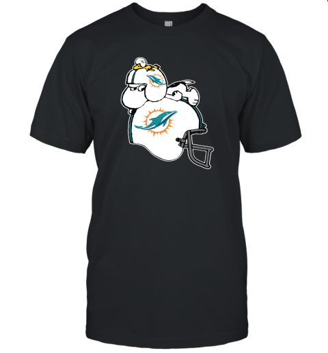 Snoopy And Woodstock Resting On Minami Dolphins Helmet Unisex Jersey Tee