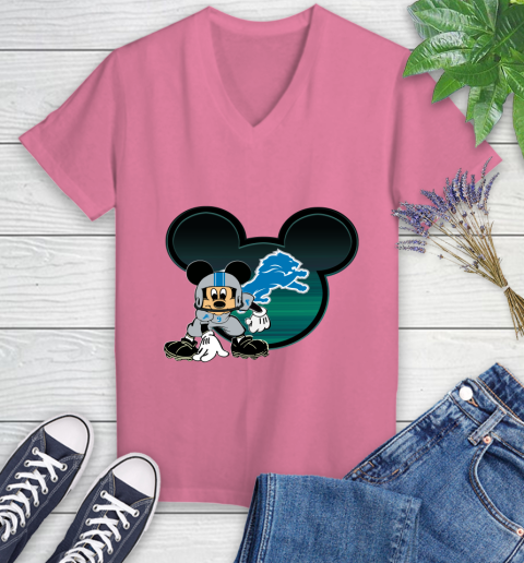 NFL Detroit Lions Mickey Mouse Disney Football T Shirt Women's V-Neck T-Shirt 13