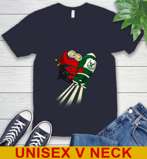 NBA Basketball Milwaukee Bucks Deadpool Minion Marvel Shirt V-Neck T-Shirt 3 NBA Basketball Milwaukee Bucks Deadpool Minion Marvel Shirt V-Neck T-Shirt - Image 3