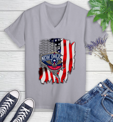 New Orleans Pelicans NBA Basketball American Flag Women's V-Neck T-Shirt 4