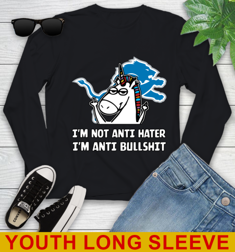 Detroit Lions NFL Football Unicorn I'm Not Anti Hater I'm Anti Bullshit Youth Long Sleeve 2