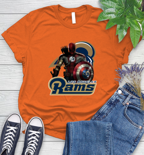 NFL Captain America Thor Spider Man Hawkeye Avengers Endgame Football Los Angeles Rams Women's T-Shirt 4