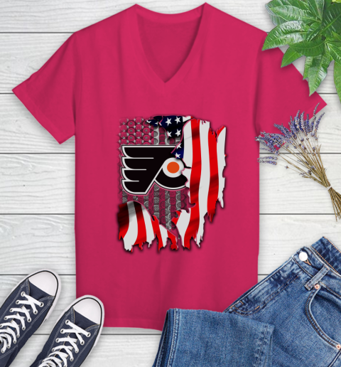 Philadelphia Flyers NHL Hockey American Flag Women's V-Neck T-Shirt 9