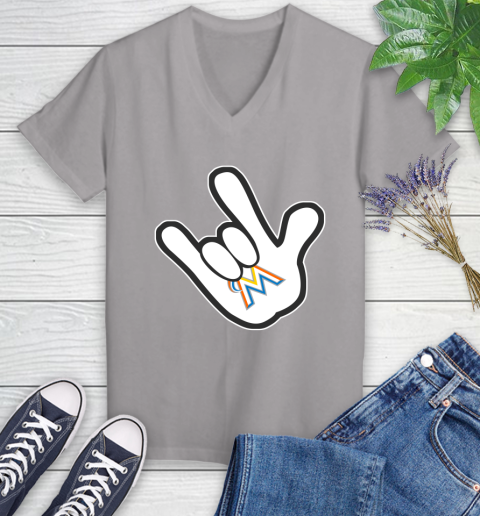Miami Marlins MLB Baseball Mickey Rock Hand Disney Women's V-Neck T-Shirt 4