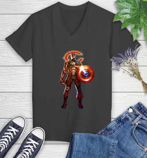 NFL Captain America Marvel Avengers Endgame Football Sports Chicago Bears Women's V-Neck T-Shirt 8