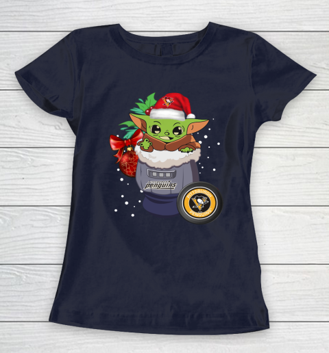 Pittsburgh Penguins Christmas Baby Yoda Star Wars Funny Happy NHL Women's T-Shirt 4