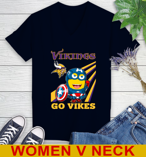 NFL Football Minnesota Vikings Captain America Marvel Avengers Minion Shirt Women's V-Neck T-Shirt 2