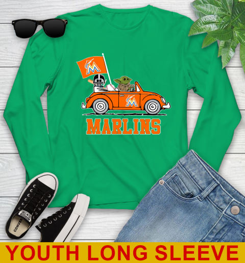 MLB Baseball Miami Marlins Darth Vader Baby Yoda Driving Star Wars Shirt Youth Long Sleeve 7