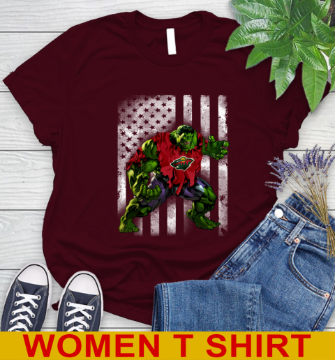 Minnesota Wild Hulk Marvel Avengers NHL Hockey American Flag Women's T-Shirt 6