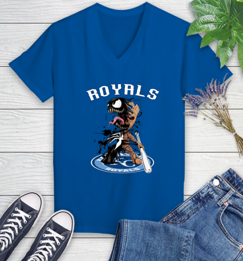 MLB Kansas City Royals Baseball Venom Groot Guardians Of The Galaxy Women's V-Neck T-Shirt 10