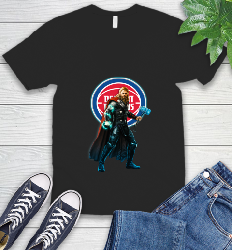 NBA Thor Avengers Endgame Basketball Detroit Pistons V-Neck T-Shirt 2